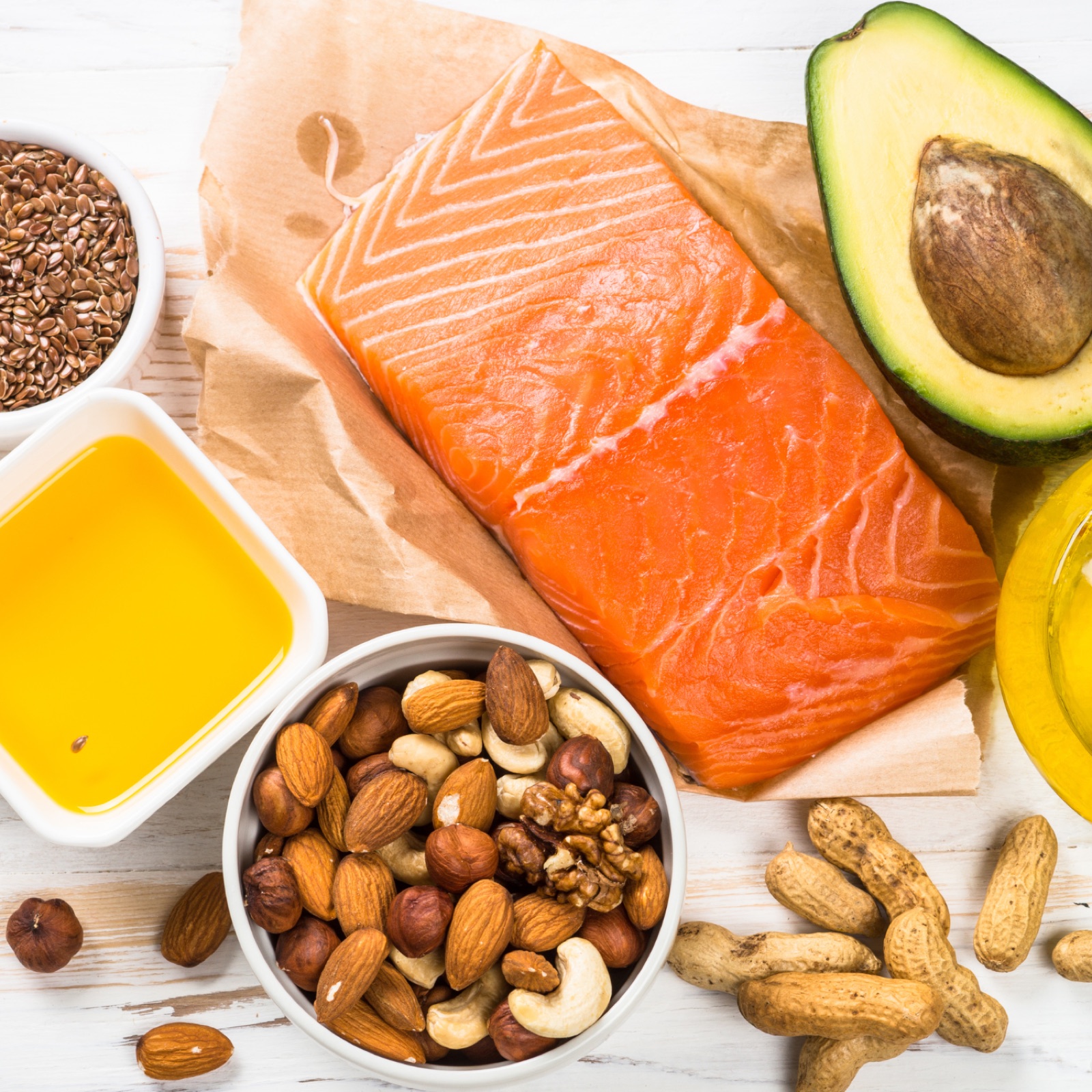 Olive oil, avocado, nuts and oily fish, healthy fats that support heart health