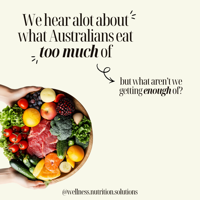 Social media slide: hands holding a platter of fruit, vegetables and meat with the heading, We hear a lot about what Australians eat too much of, but what aren't we getting enough of?
