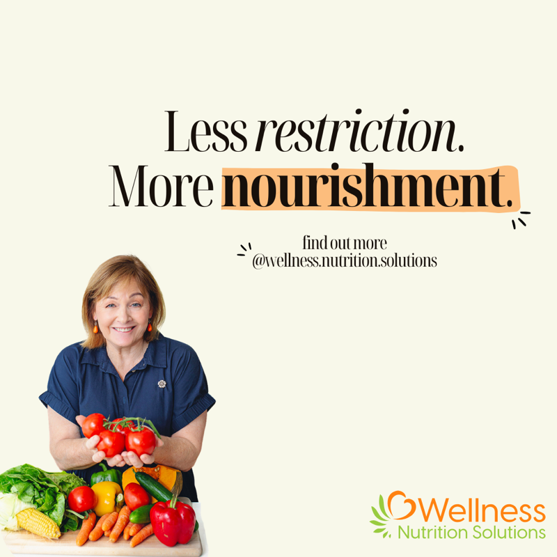 Social media slide: Dorelle holding tomatoes and vegetables with the heading, Less restriction. More nourishment. Find out more at Wellness Nutrition Solutions